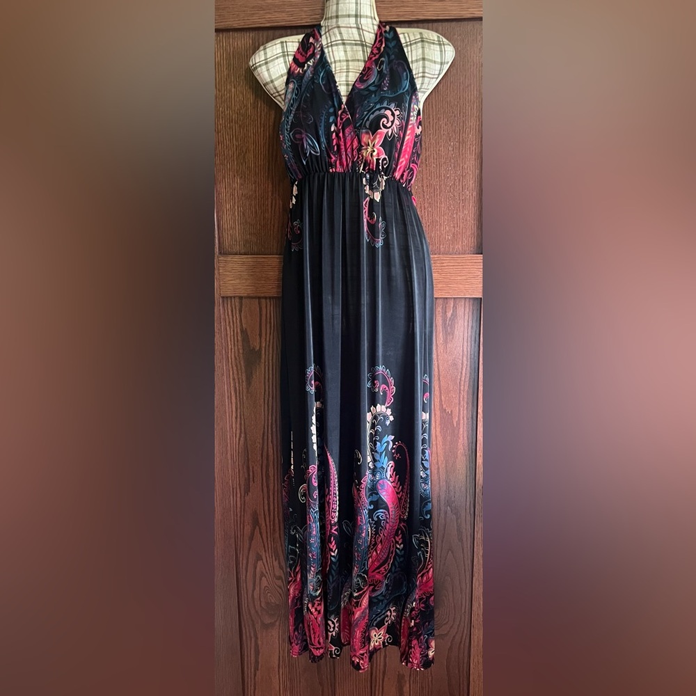 Pleated Black and Pink A-Line Maxi Dress for Resort Wear Size L